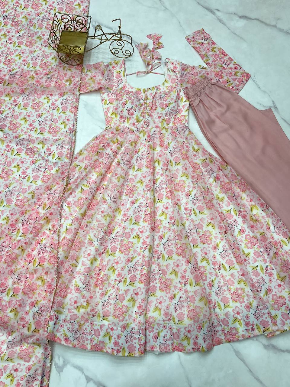 Pink Orange Chiffon Floral Print Anarkali Set with Dupatta