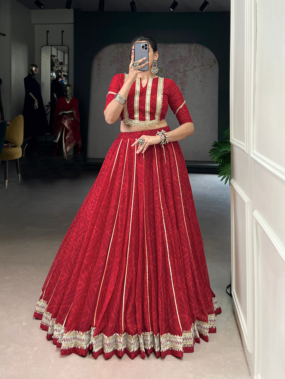Red Chiffon Bandhej Print Gota Patti Lace Work Lehenga Choli