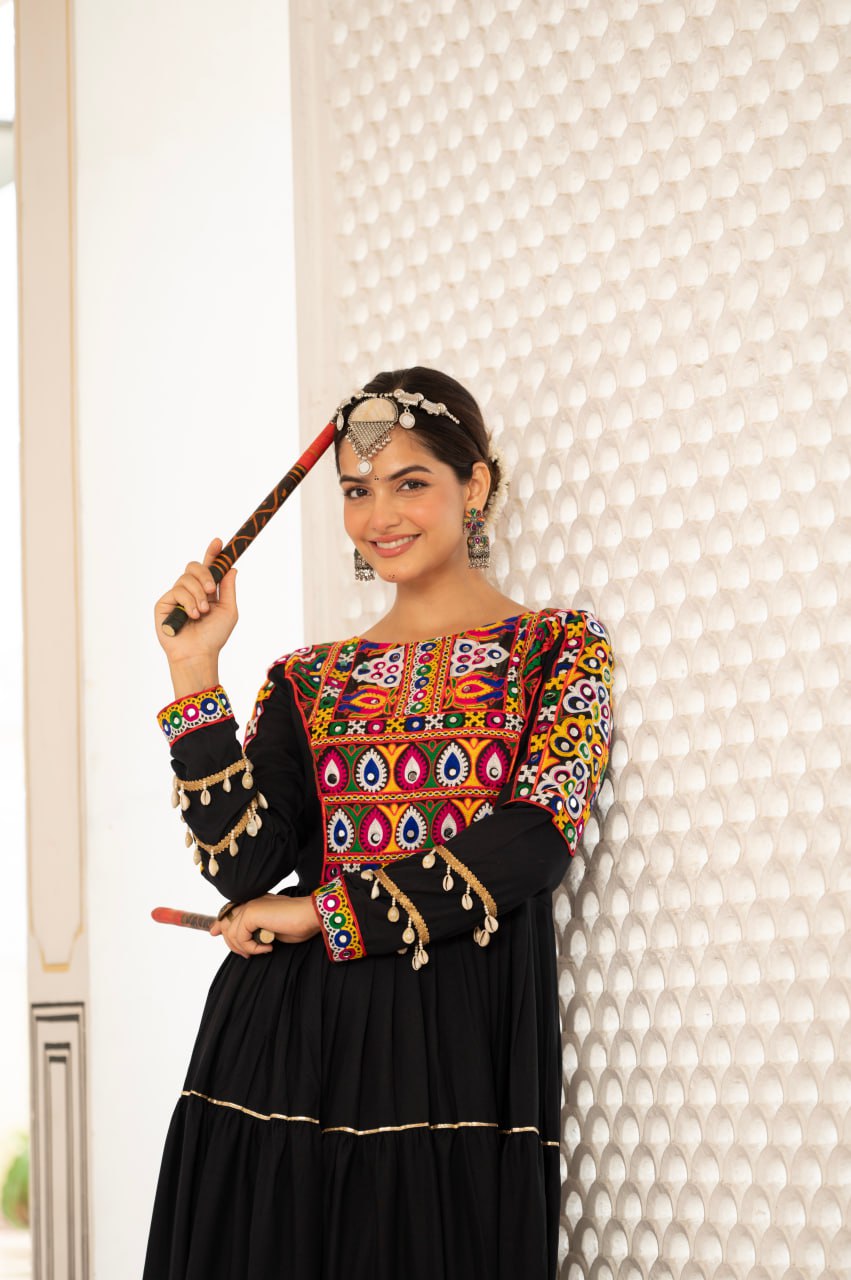 Black Kora Cotton Kutchi Gamthi Mirror Work and Kodi Lace Gown