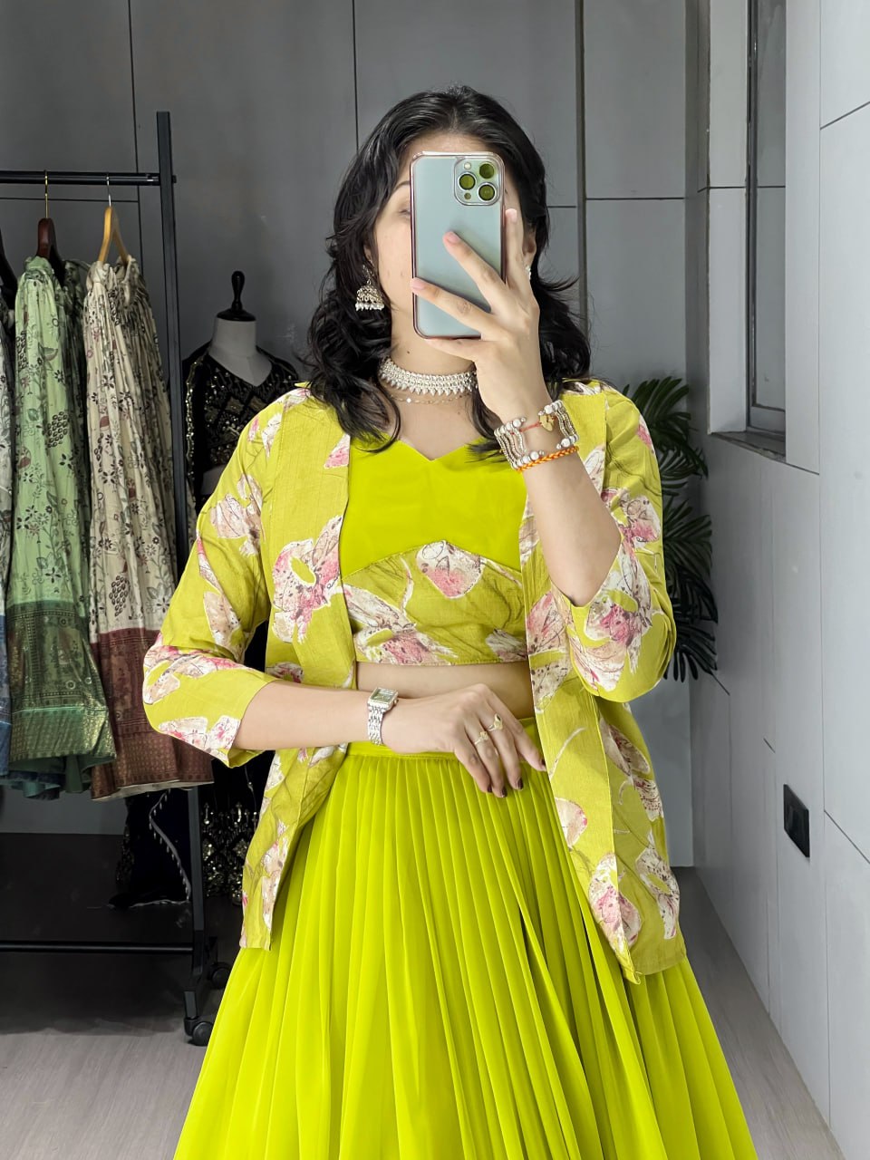 Alka Neon Yellow Color Georgette Foil Printed Lehenga Choli with Koti