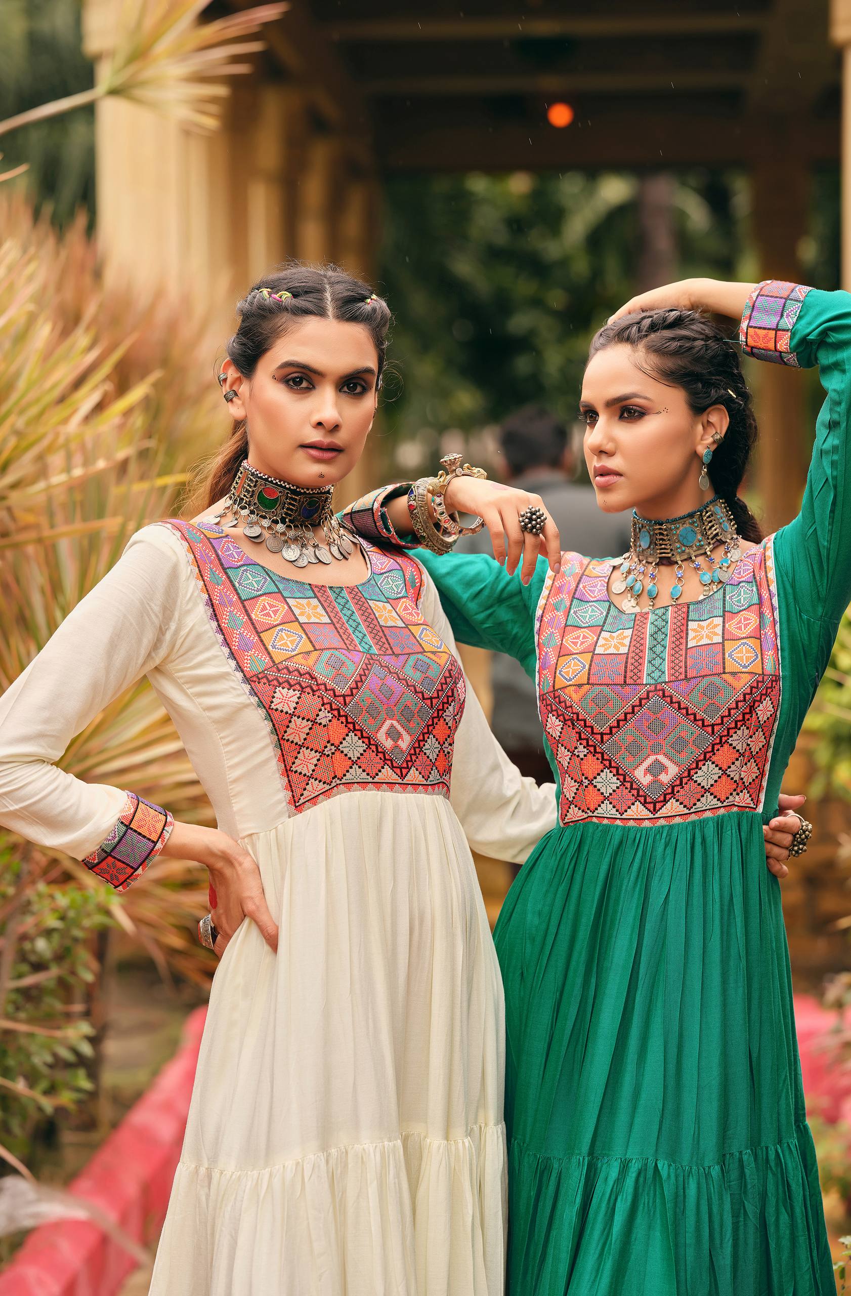 Emerald Green Pure Rayon Gamthi Jacquard Weaving Lace Border Three Layer Ruffle Flair Gown