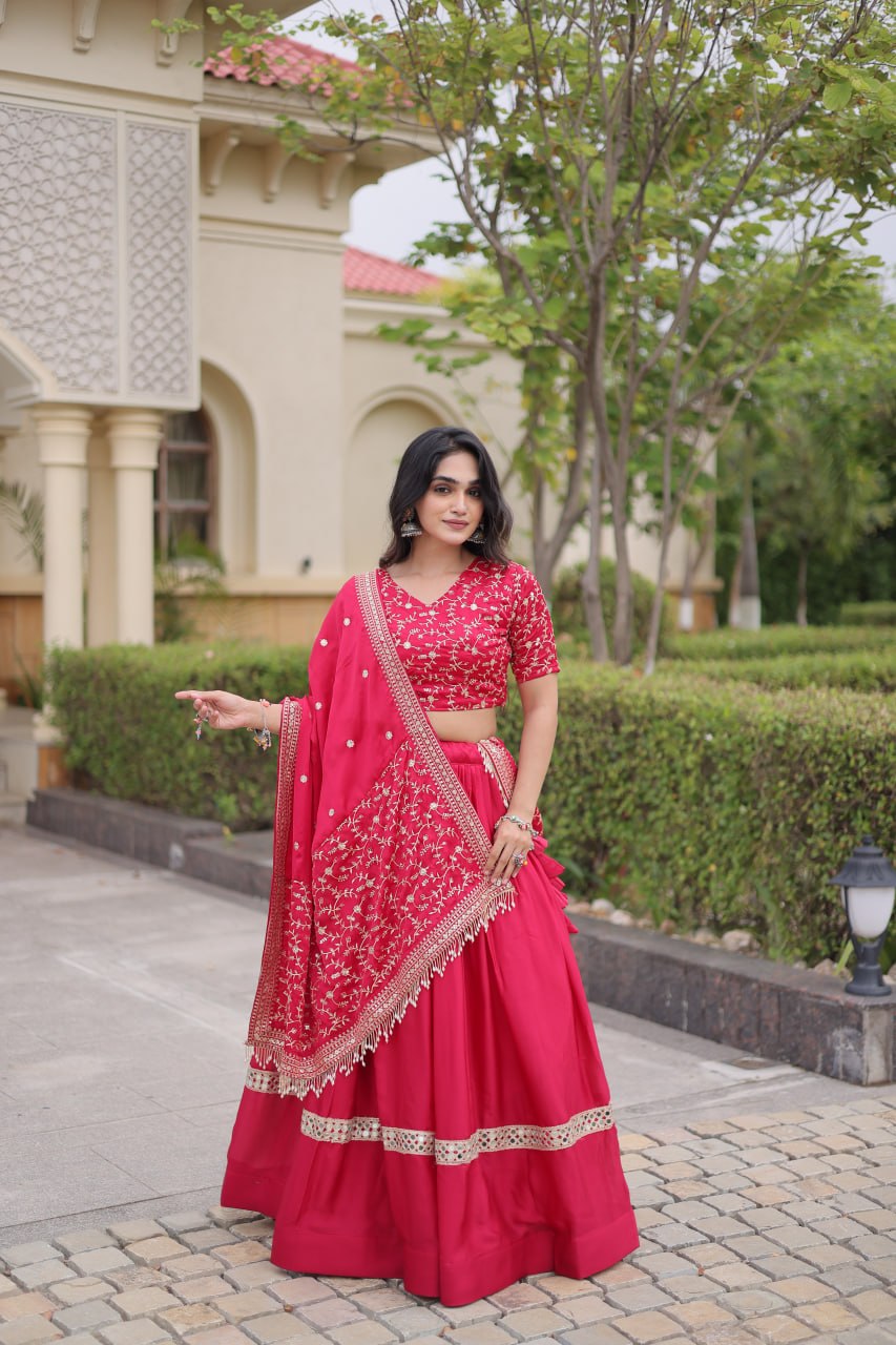 Subhadra Pink Glory Satin Embroidery Zari Sequins Lehenga