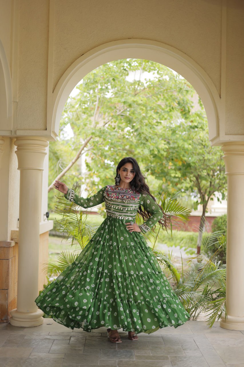 Lavanya Green Faux Georgette Bandhani Kutchi Patchwork Gown