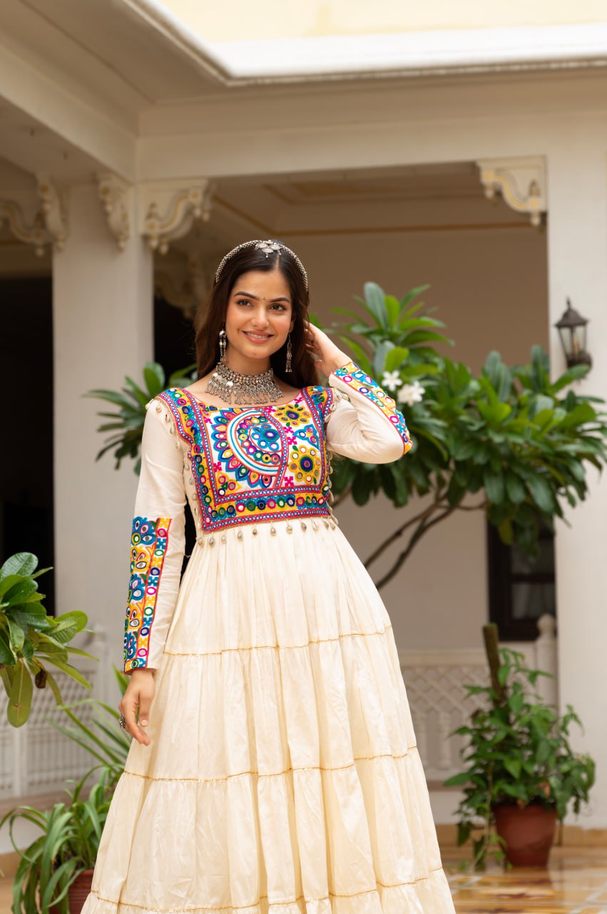 Off-White Kora Cotton Kutchi Gamthi Mirror Work and Kodi Lace Gown