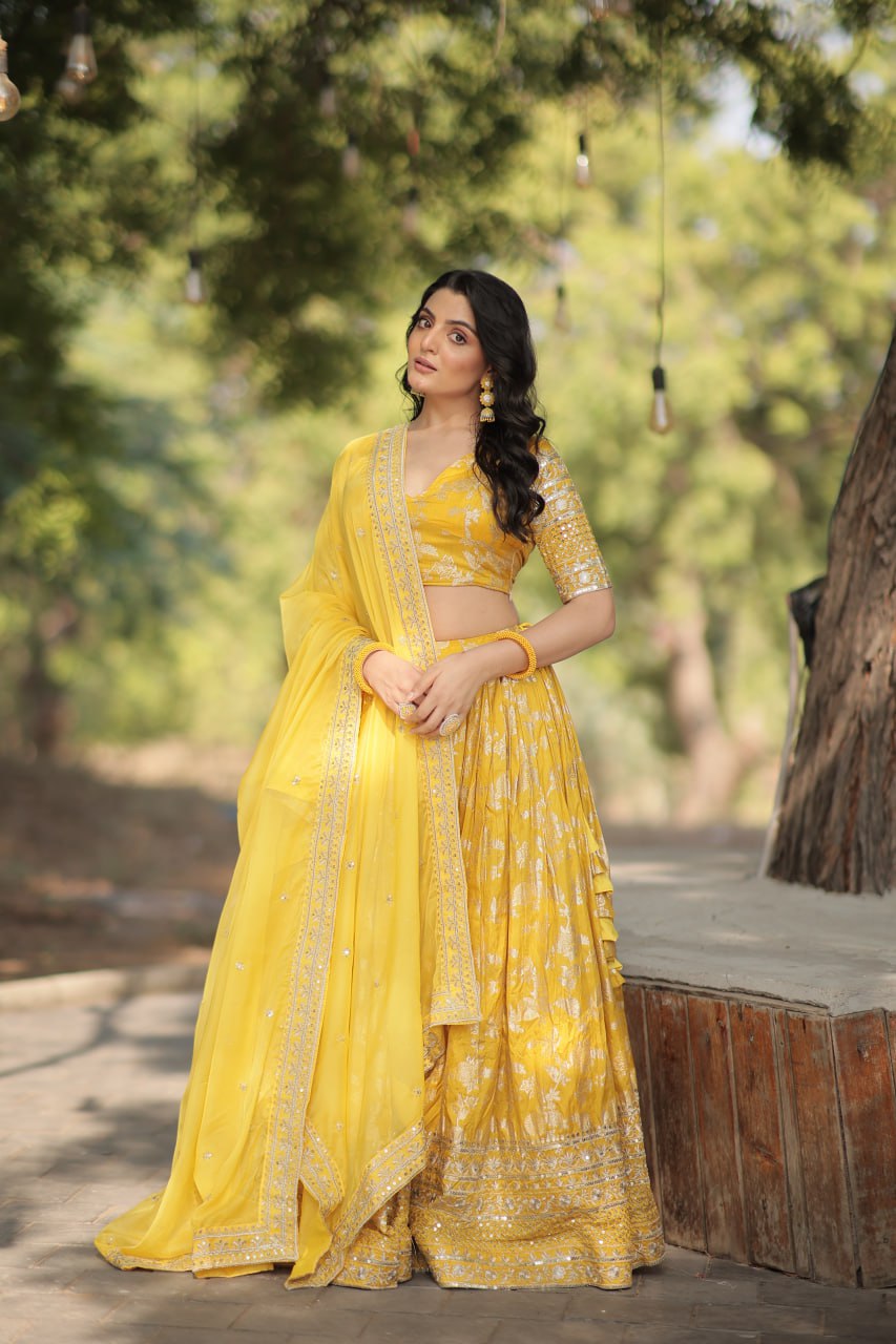 Pranshi yellow viscose jacquard lehenga choli set