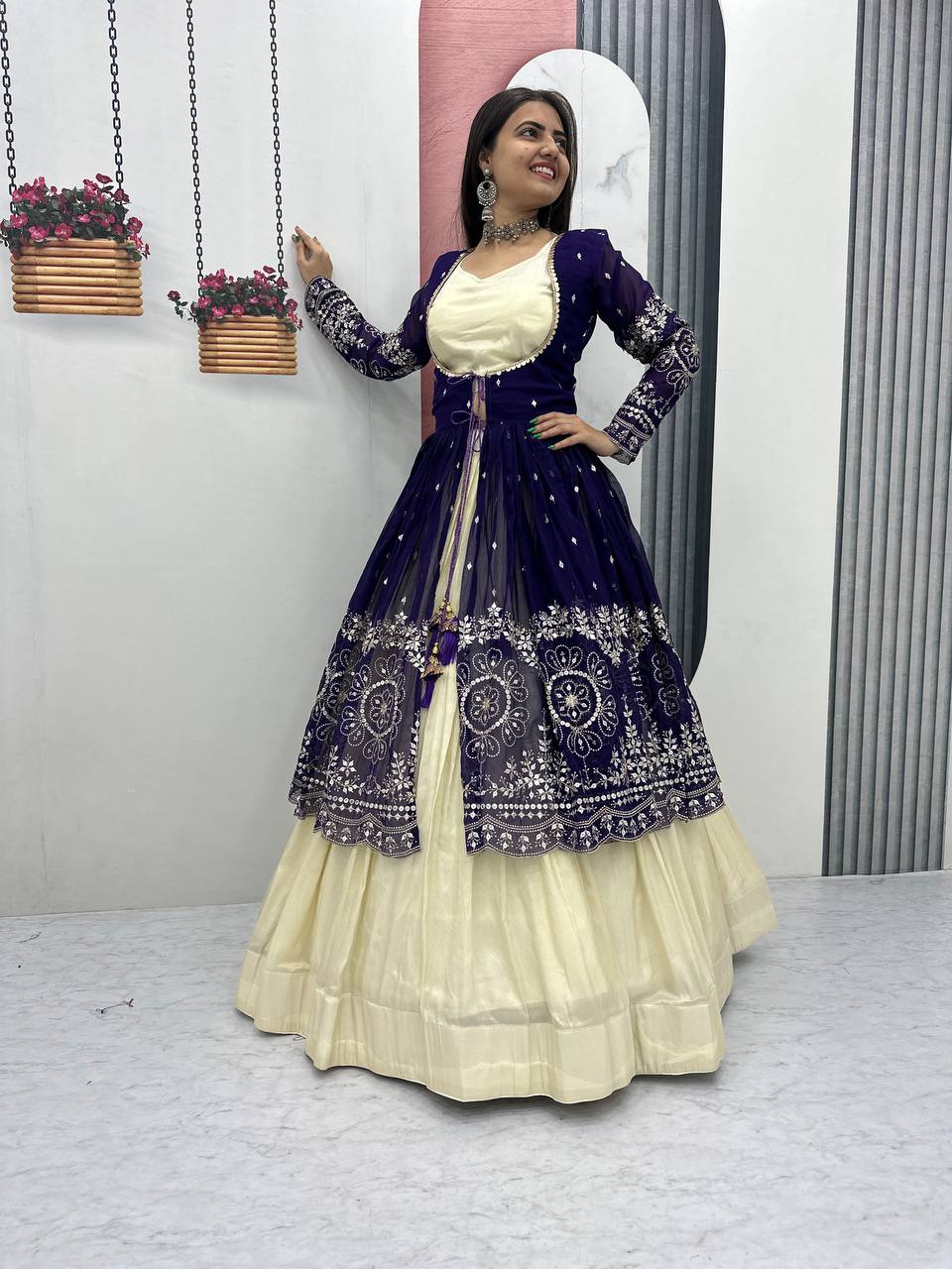 Tulika Navy Blue Color Cosmos Silk Heavy Thread and Sequence Work Lehenga Choli with Shrug