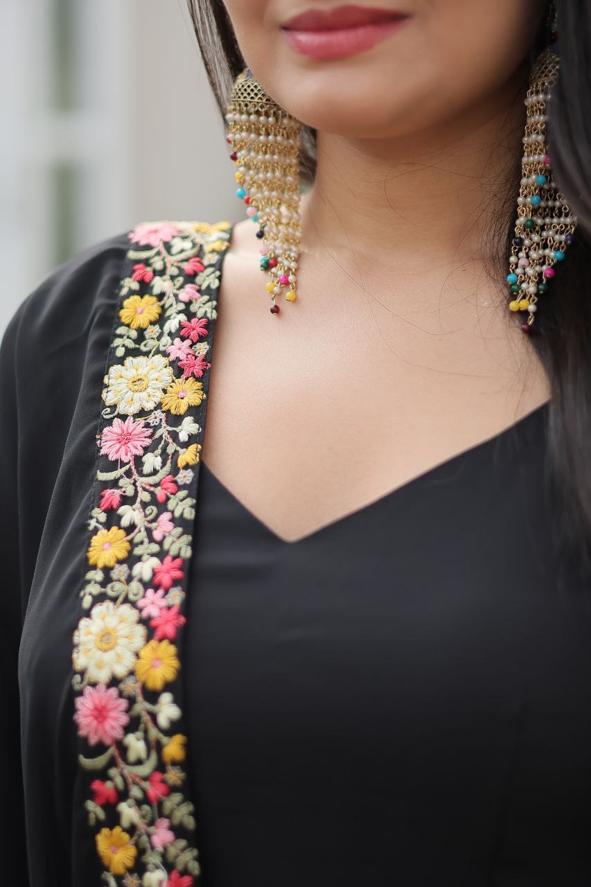 Sathvika Black Georgette Embroidered Anarkali Suit Set