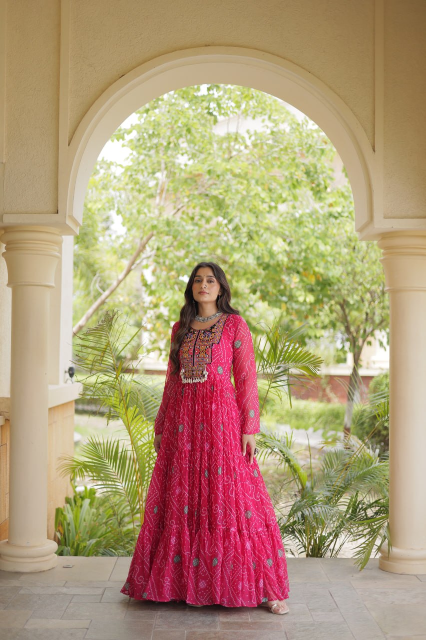 Ira Pink Faux Georgette Bandhani Kutchi Patchwork Gown
