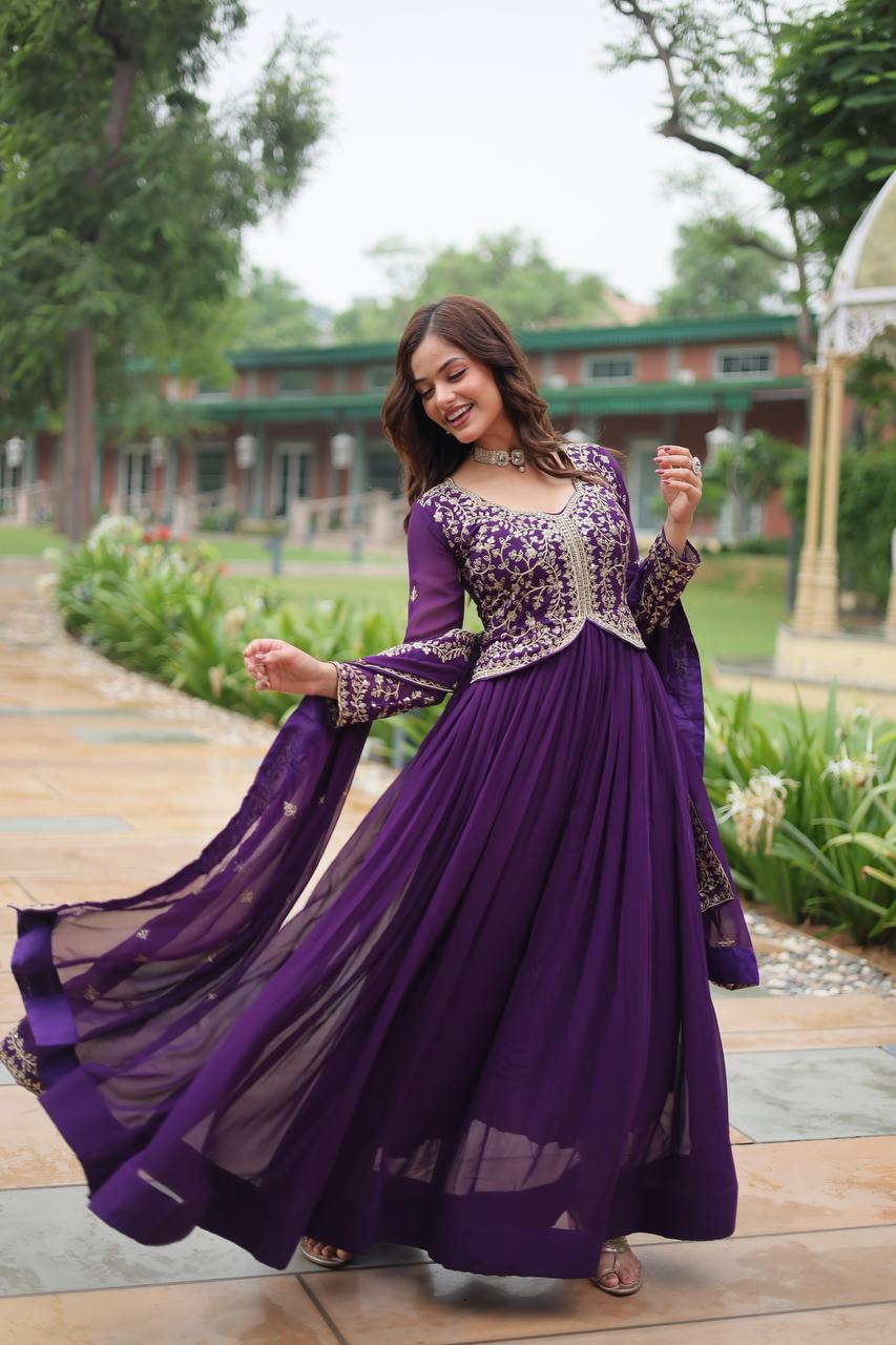 Parthavi Purple Georgette Embroidered Anarkali Gown Set