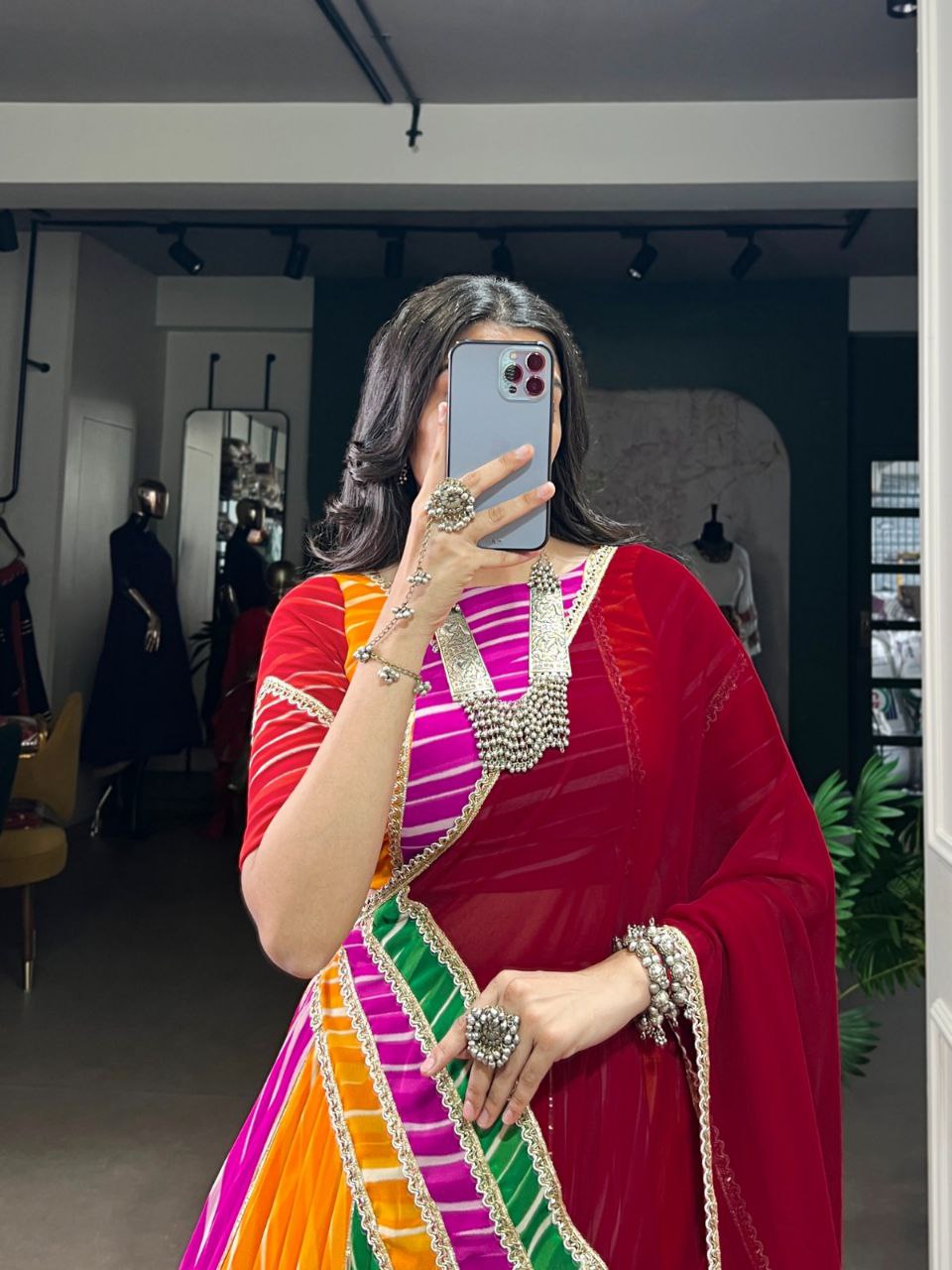 Multicolor Georgette Leheriya Print Lace Work Navratri Lehenga Choli