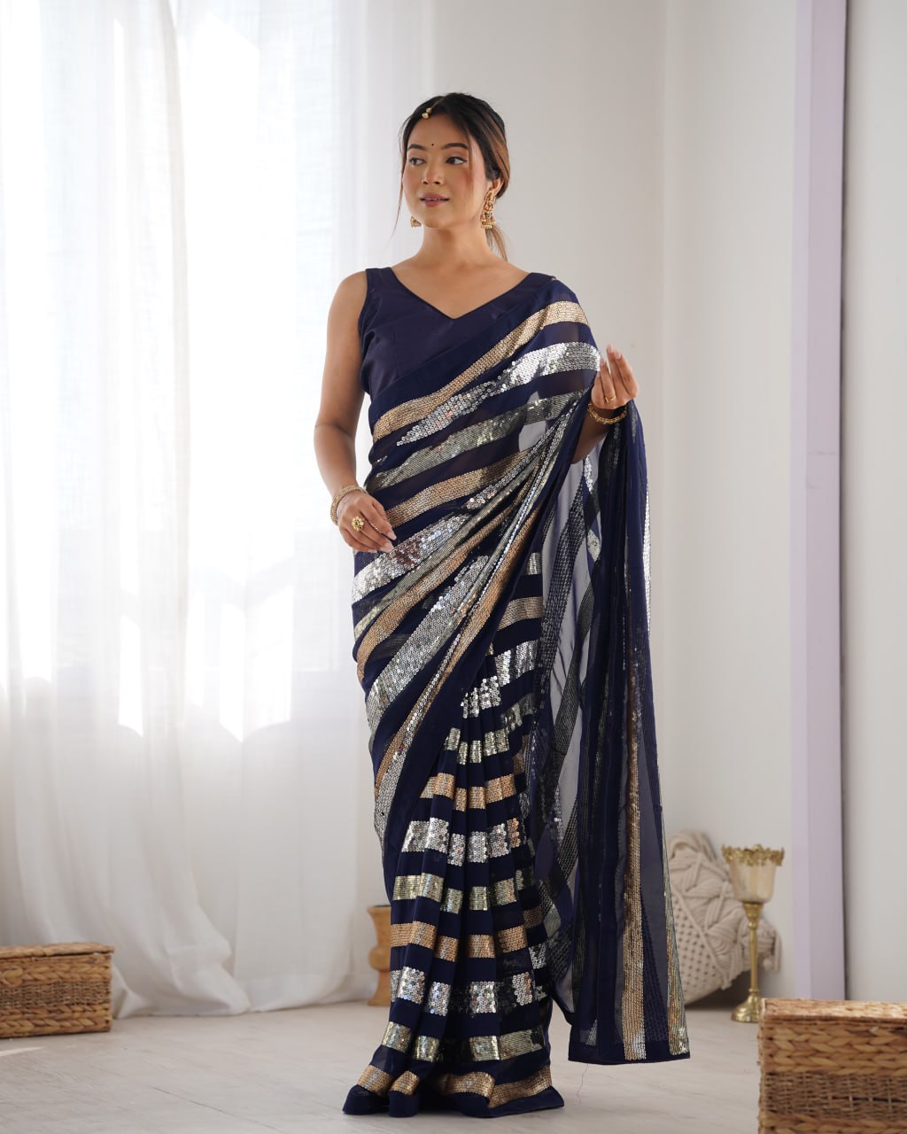 Kira Deep Blue Sequin Embroidery Georgette Saree