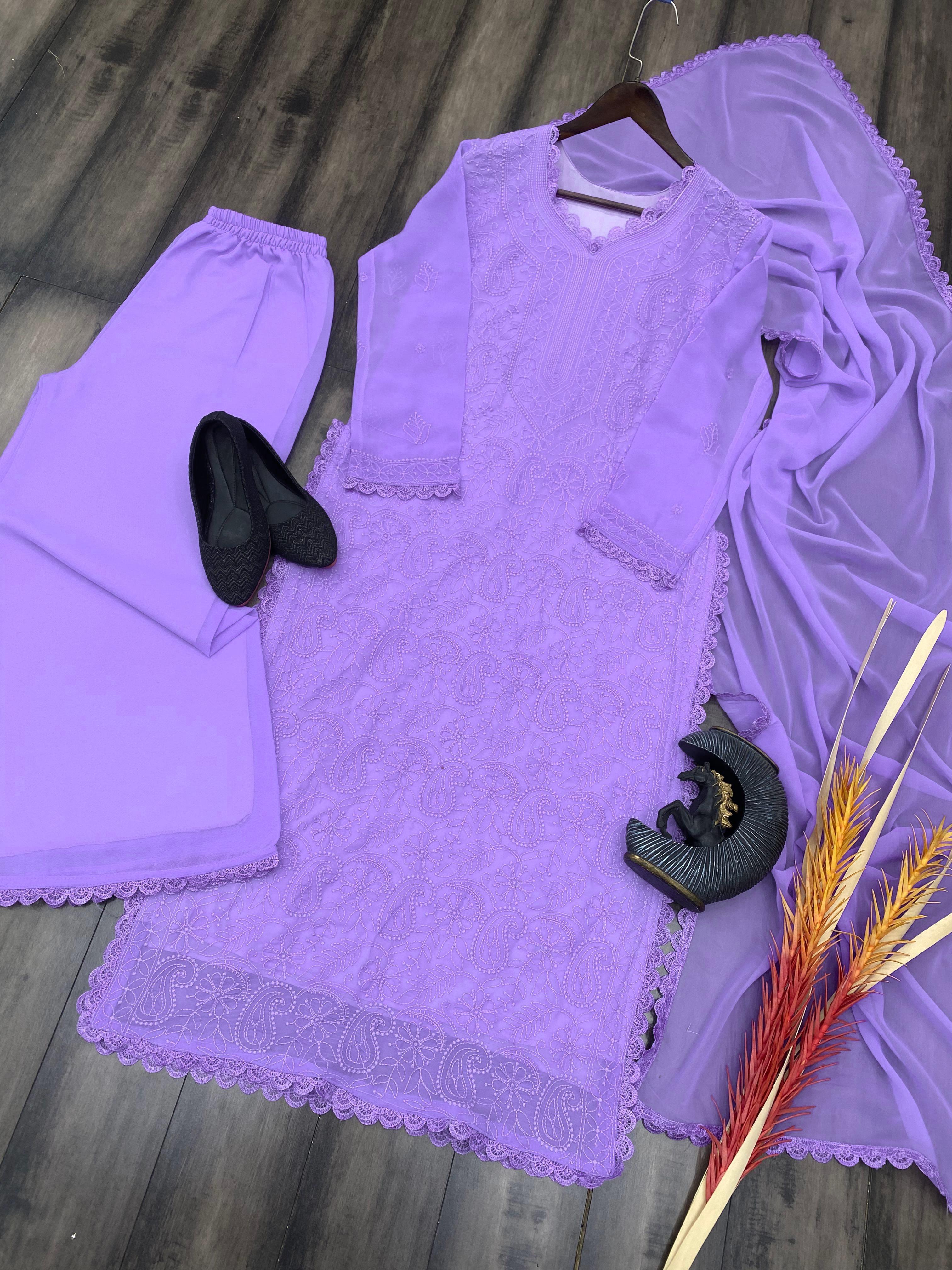 Ramani Peach Georgette Chikankari Embroidery Kurti Set