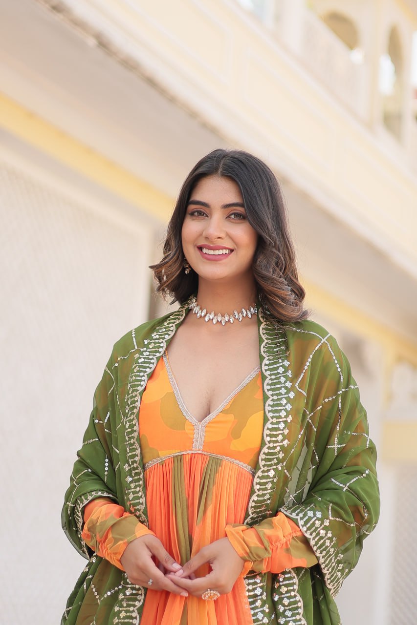 Savitri russian silk printed alia cut orange anarkali suit set
