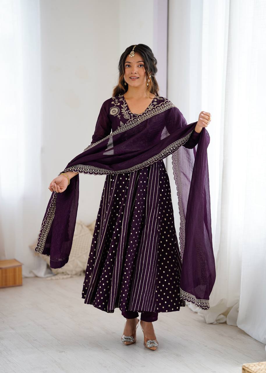 Purple Crunchy Silk Embroidered Anarkali Suit Set