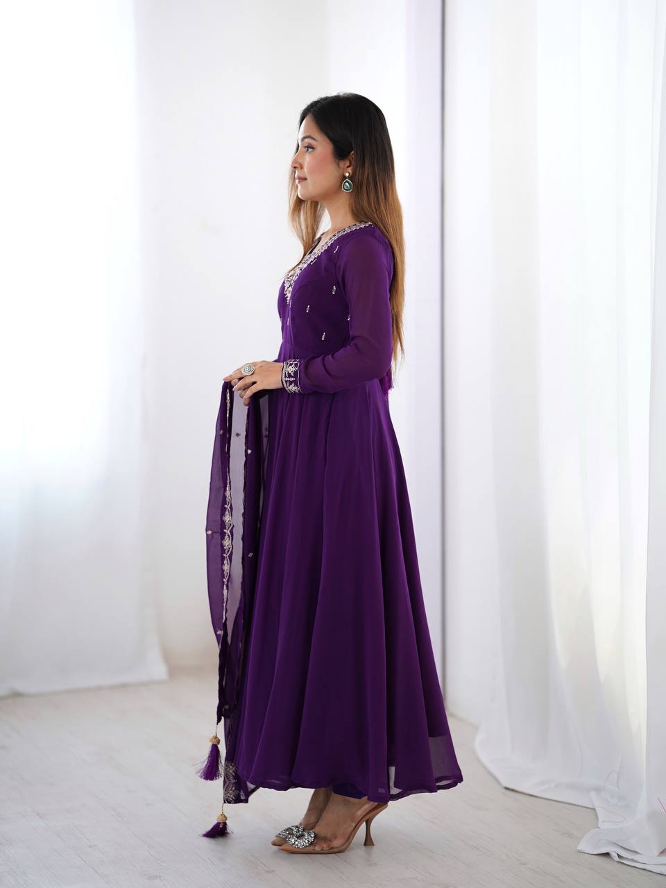 Purple Anarkali suit in soft Fox Georgette with 6.5-meter flair, zari & beads embroidery, lace sleeves & dupatta – stitched & ready-to-wear.
