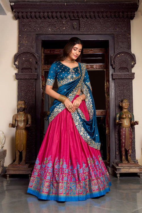 Blue tussar silk foil print lehenga choli with embroidered dupatta