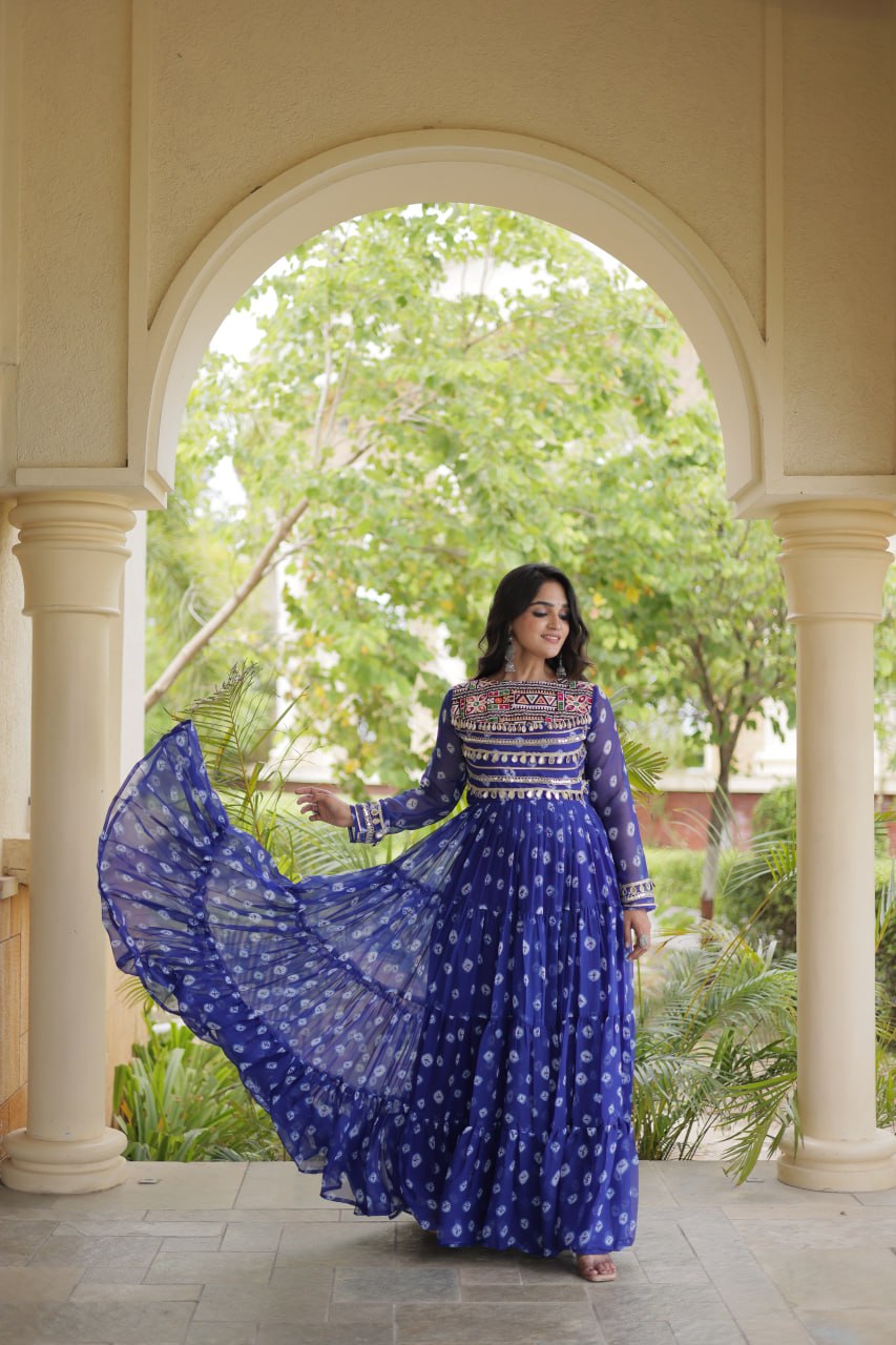 Lavanya Blue Faux Georgette Bandhani Kutchi Patchwork Gown