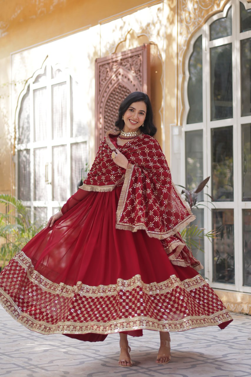 Avishka Maroon Embroidered Anarkali Gown Set