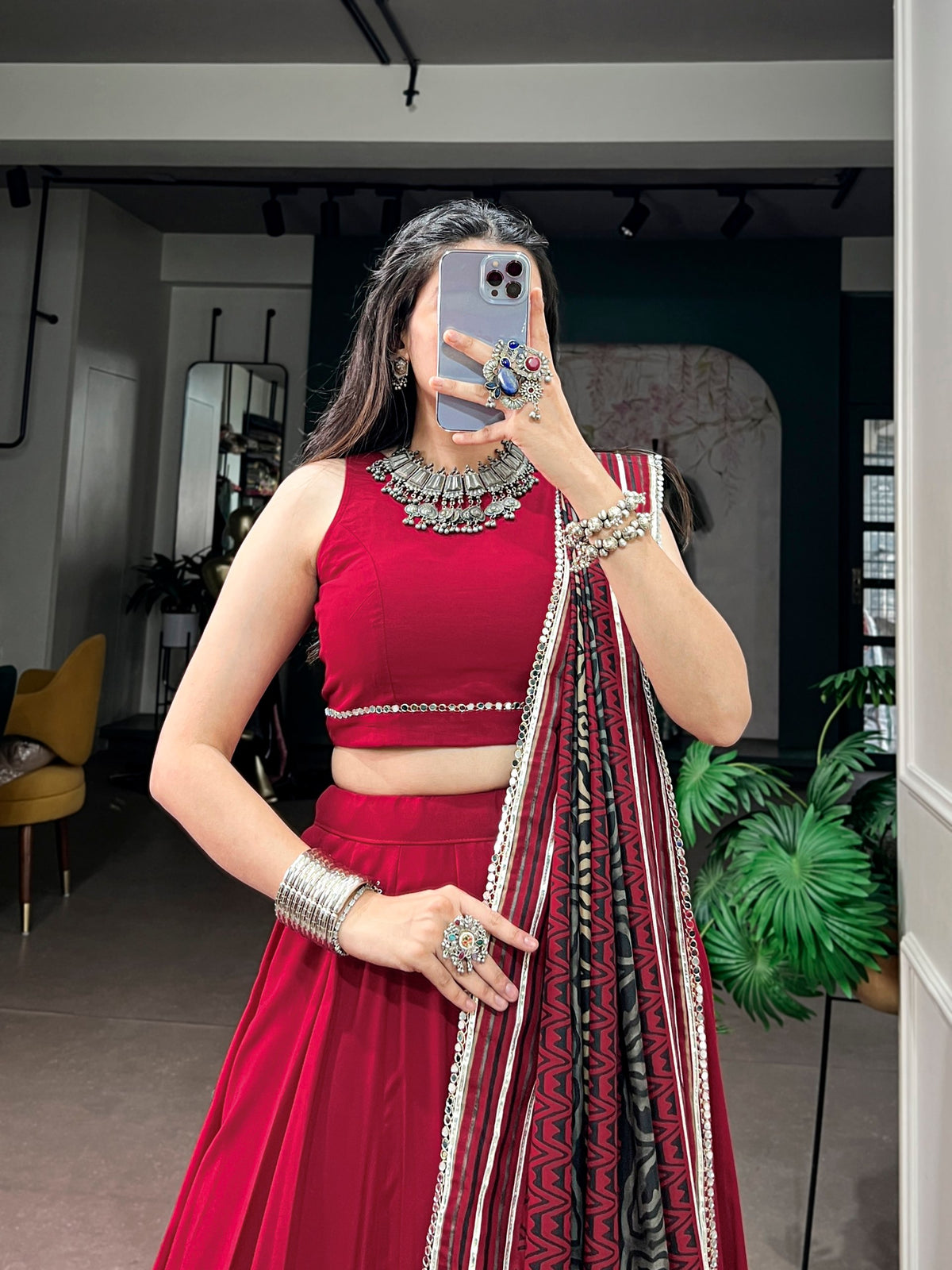 Nandini Red Reyon Mirror Lace Lehenga Choli