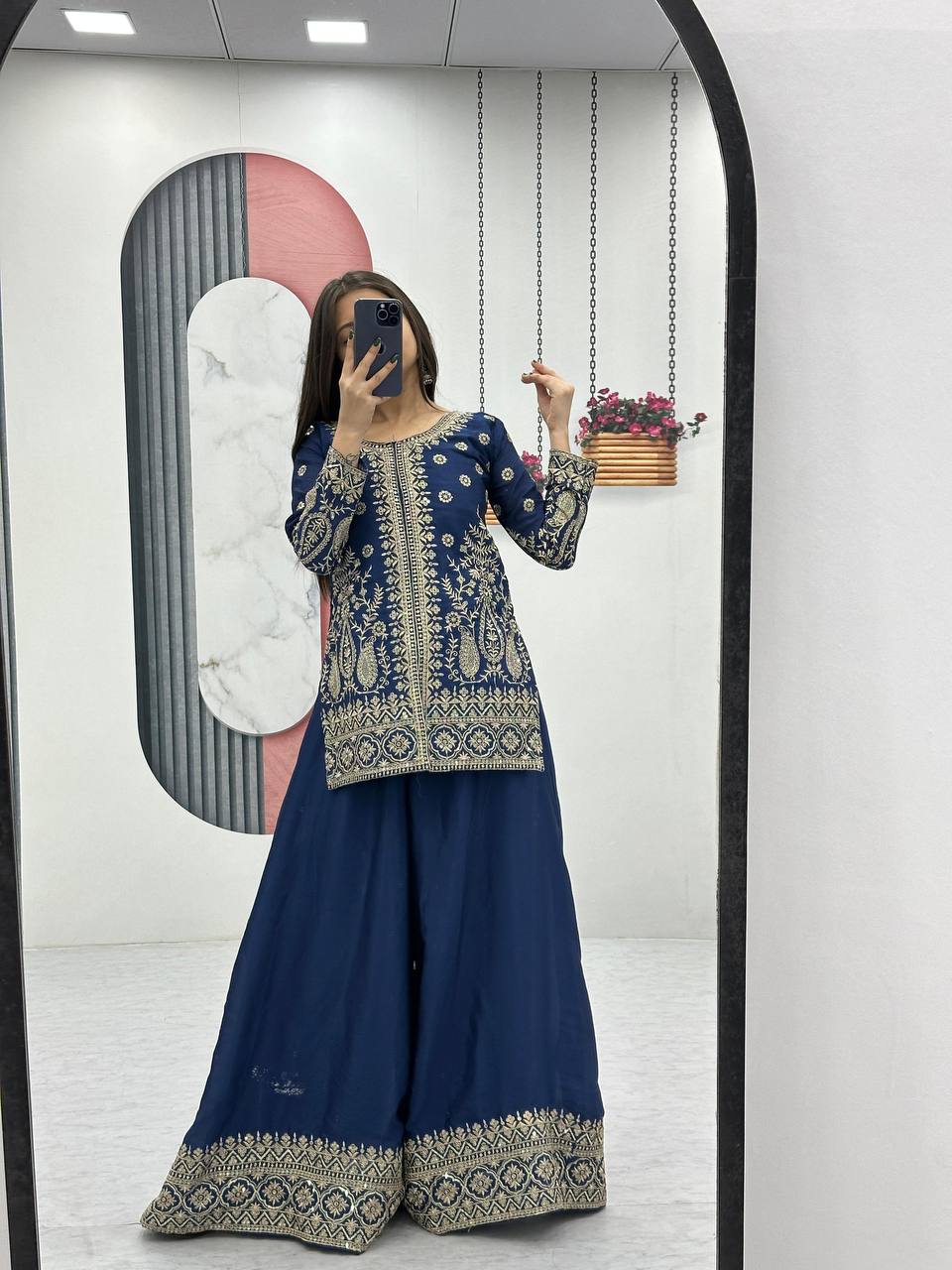 Enya Blue Color Chinon Embroidery Thread Sequence Work Kurti Palazzo Set