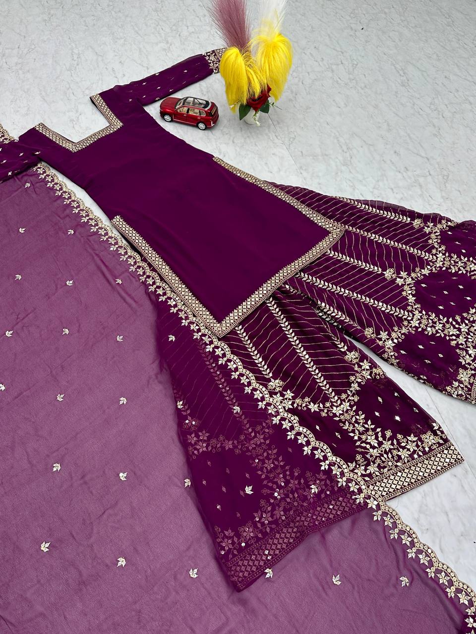 Aroa Purple Color Fox Georgette Embroidery Sequence Work Kurti Palazzo Set