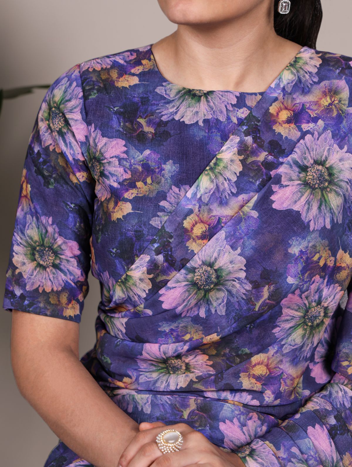 Purple Color Weightless Marble Floral Print Saree with Unstitched Blouse