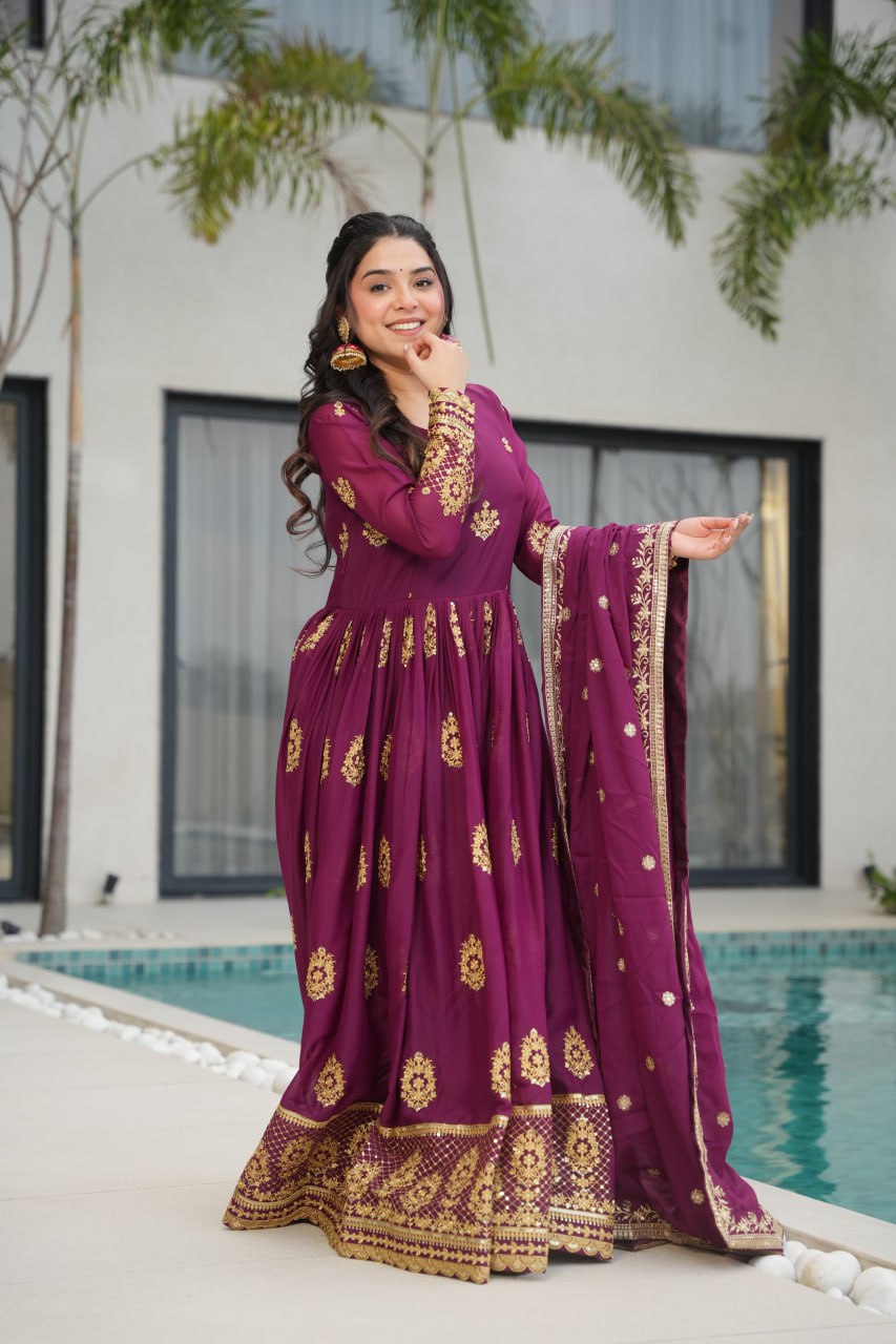 Rudrika Purple Embroidered Gown in soft Star Georgette with intricate zari and sequin work, full-length 56-inch flare gown with matching embroidered dupatta, elegant pan neck design, perfect for weddings and festive occasions