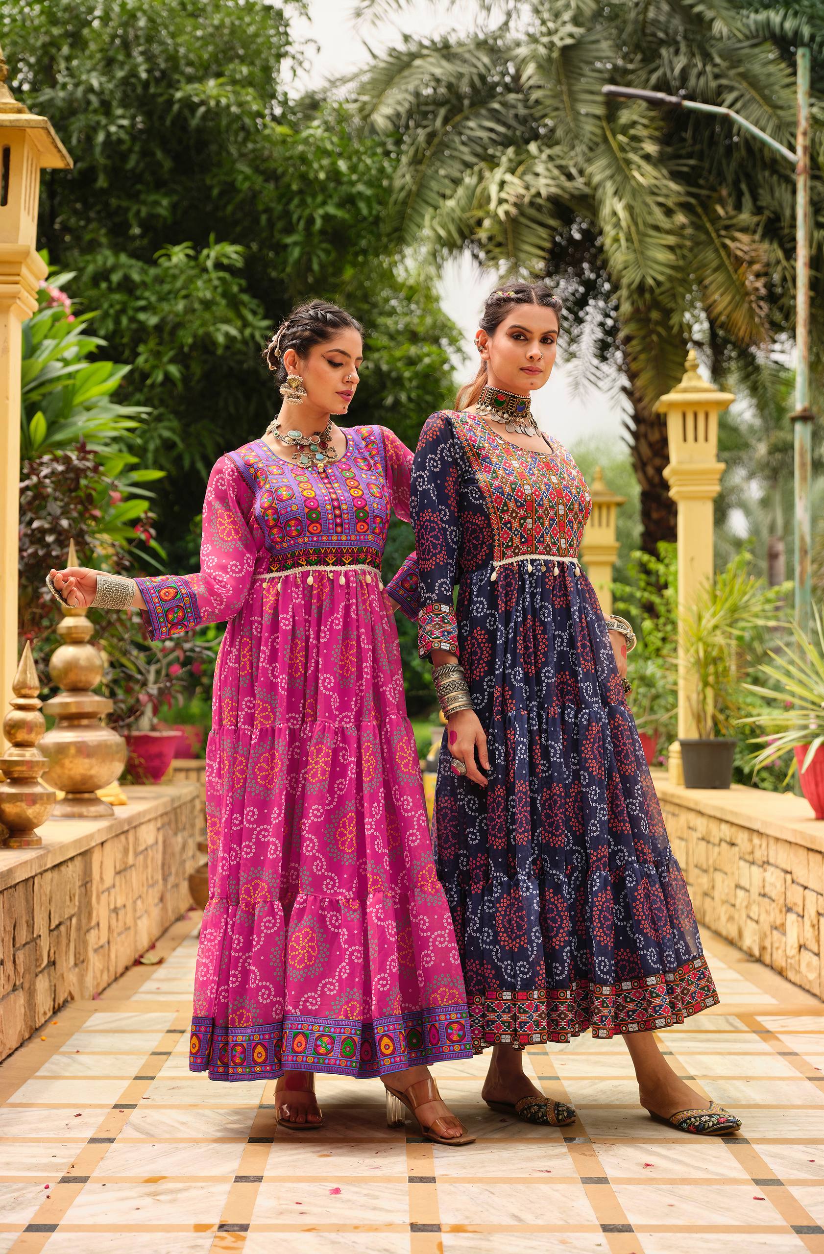 Navy Blue Faux Georgette Gamthi Jacquard Weaving Lace Border Three Layer Ruffle Flair Gown