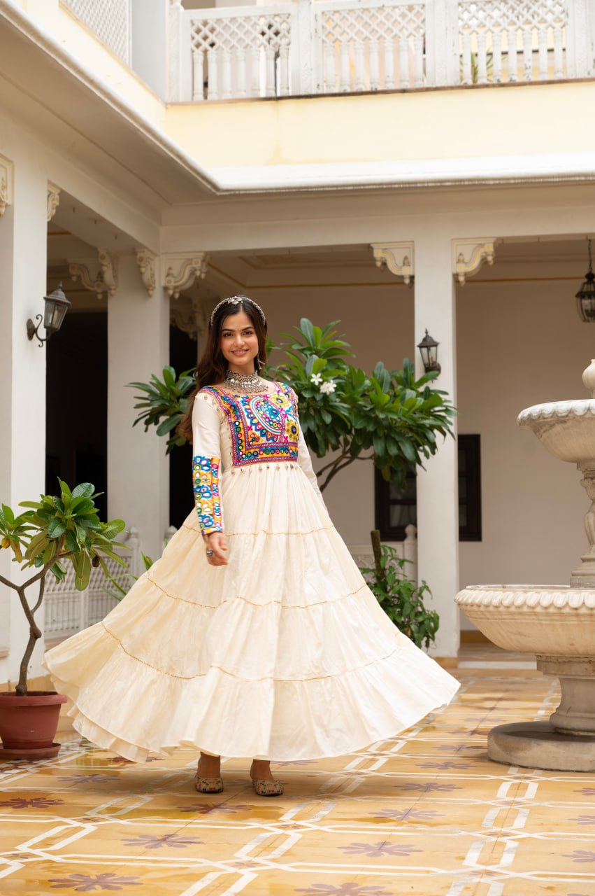 Off-White Kora Cotton Kutchi Gamthi Mirror Work and Kodi Lace Gown