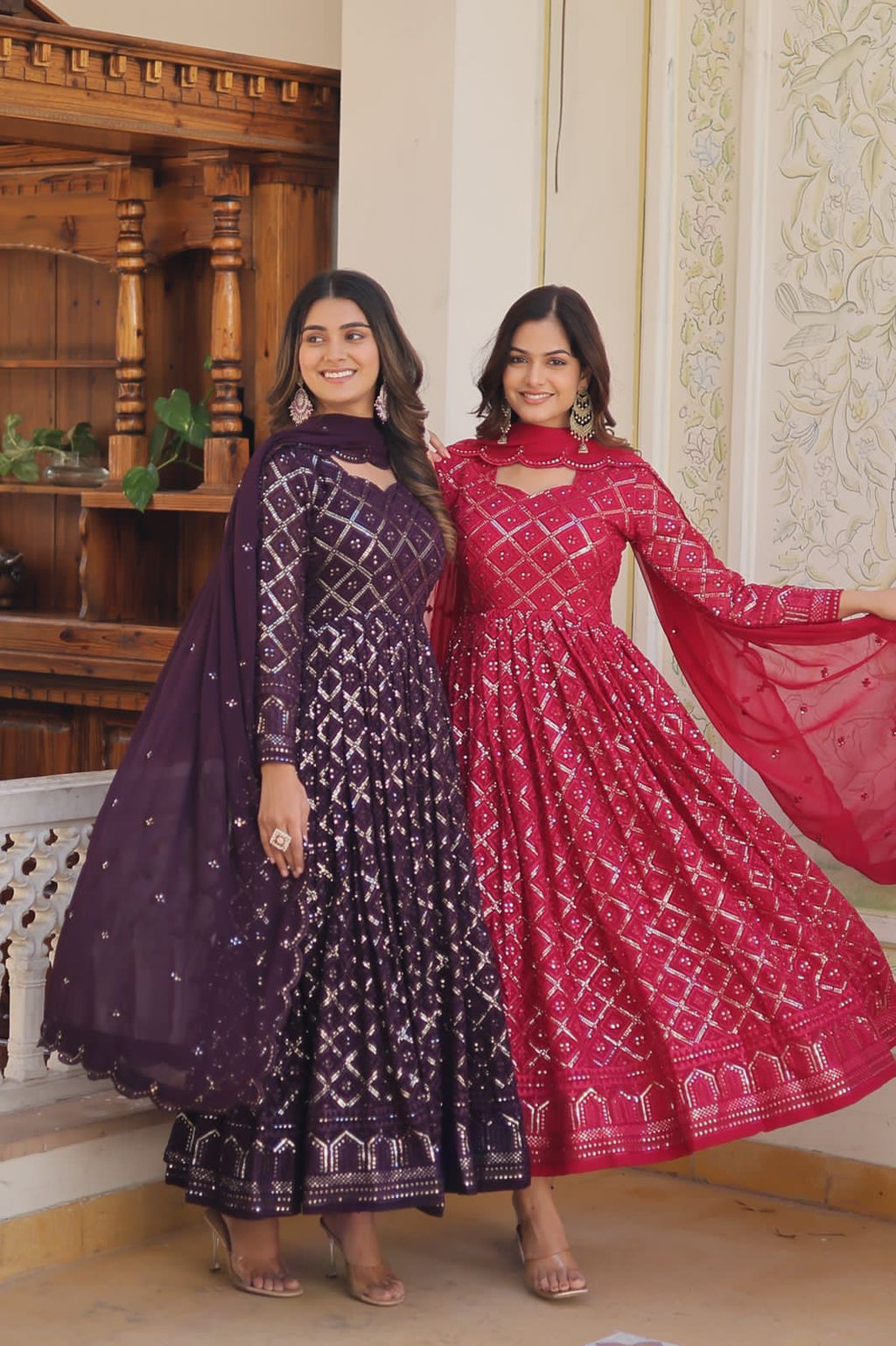 Radiant pink floral gown with dupatta set
