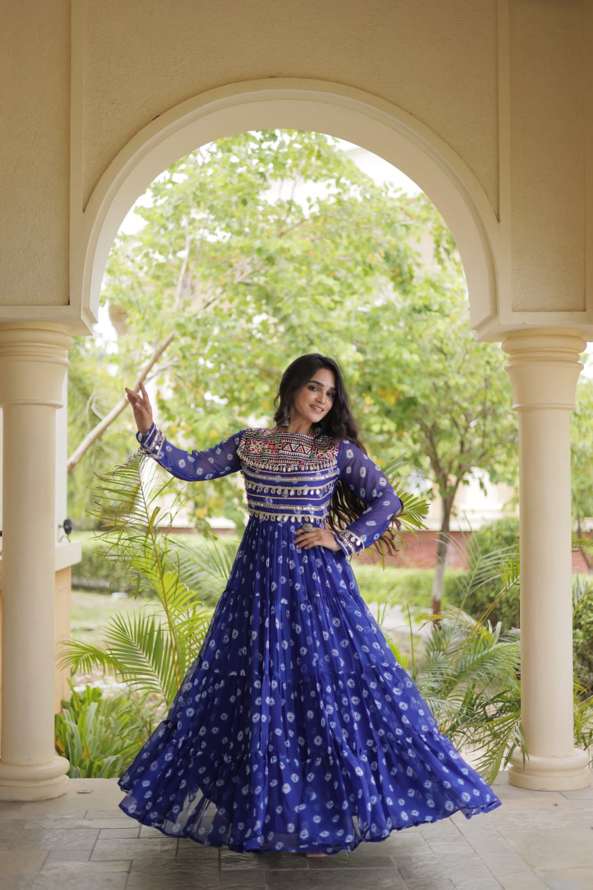 Lavanya Blue Faux Georgette Bandhani Kutchi Patchwork Gown