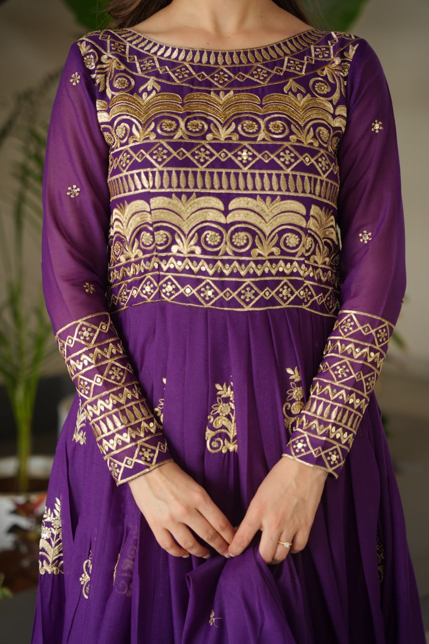 Purple Chinnon gown set with multi-colored sequins and beads embroidery, full sleeves, and matching embroidered dupatta – ideal for festive and wedding occasions