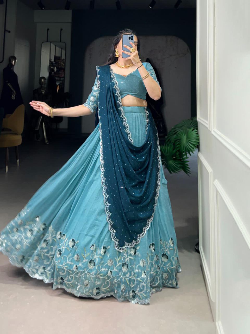 Sky Blue Silver Glossy Embroidered with Hotfix Work Lehenga Choli