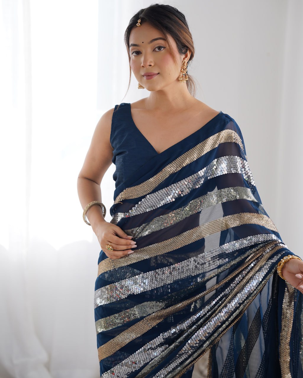 Kira Navy Blue Sequin Embroidery Georgette Saree