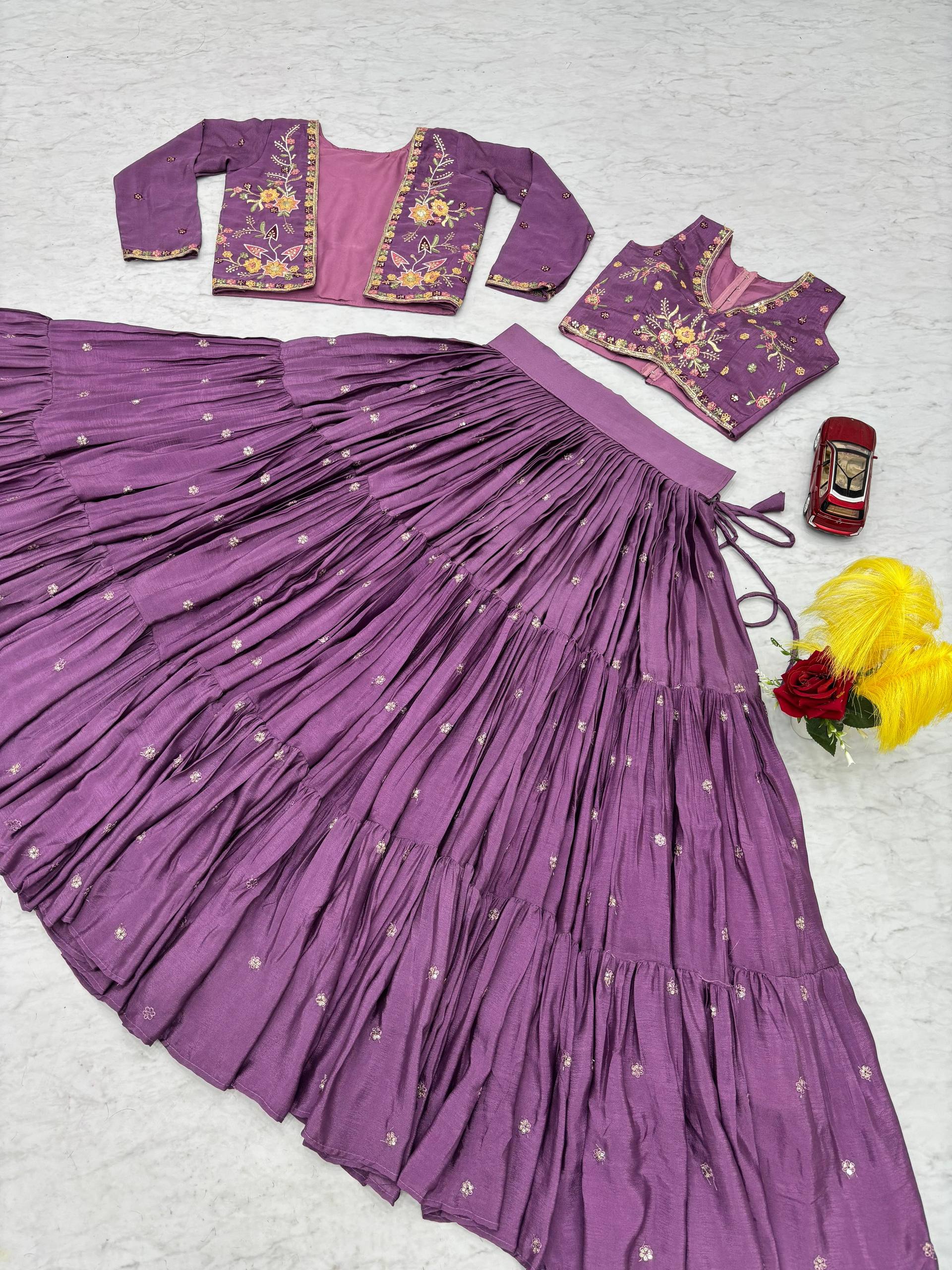 Purple chinon embroidered crop top lehenga with designer jacket
