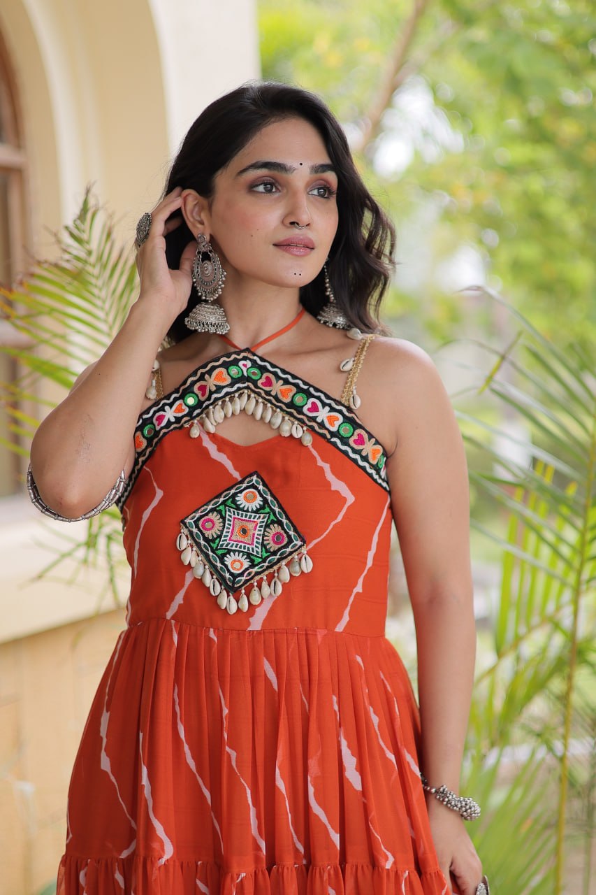 Bhavna Orange Faux Georgette Laheriya Kutchi Patchework Gown