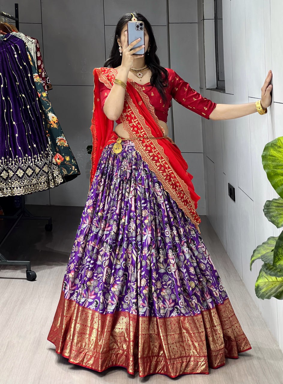 Purple Color Kalamkari Soft Dola Silk Half Saree Lehenga with Embroidered Dupatta