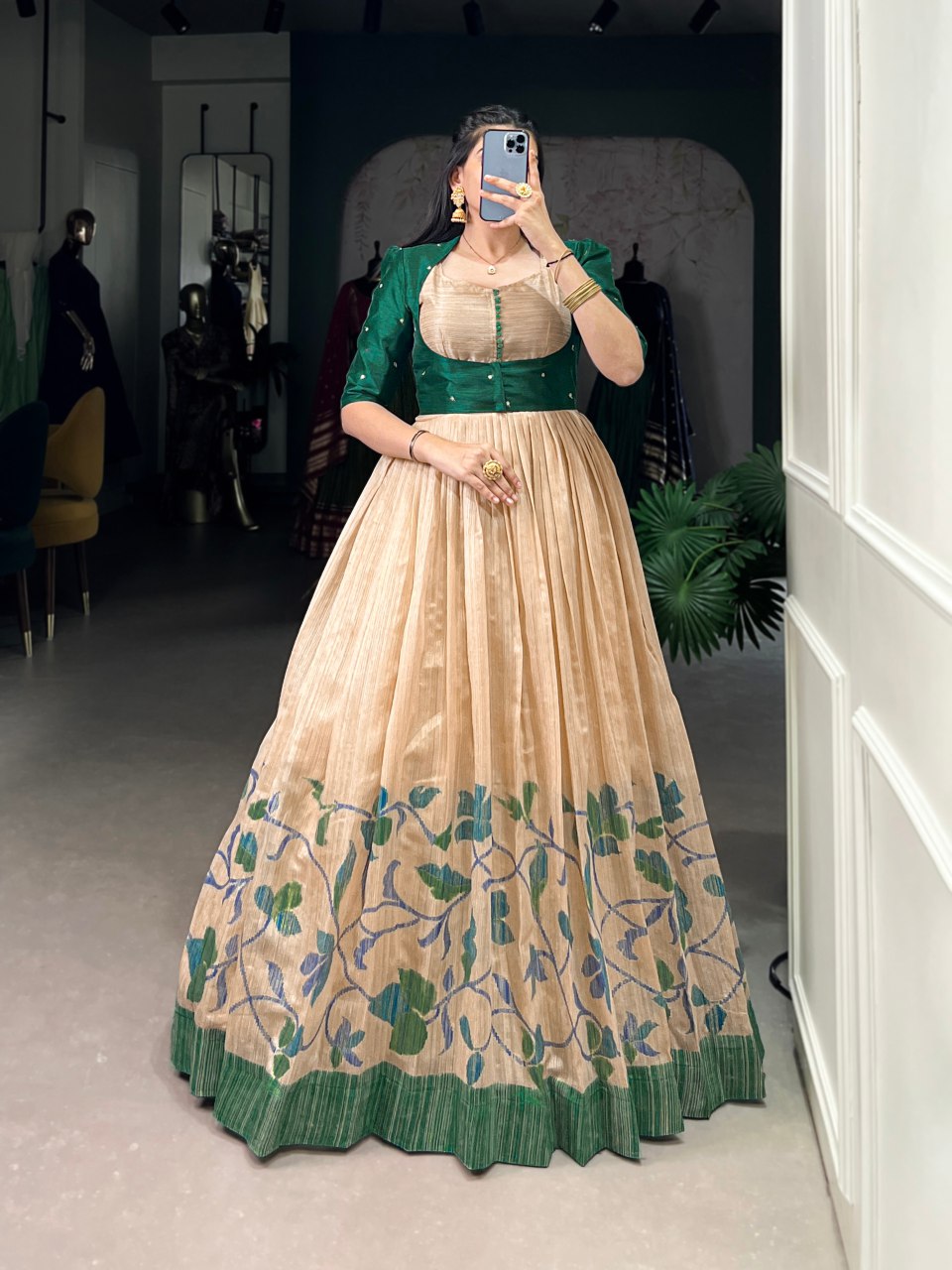 Beige Silk Printed Gown with Embroidered Banglory Koti