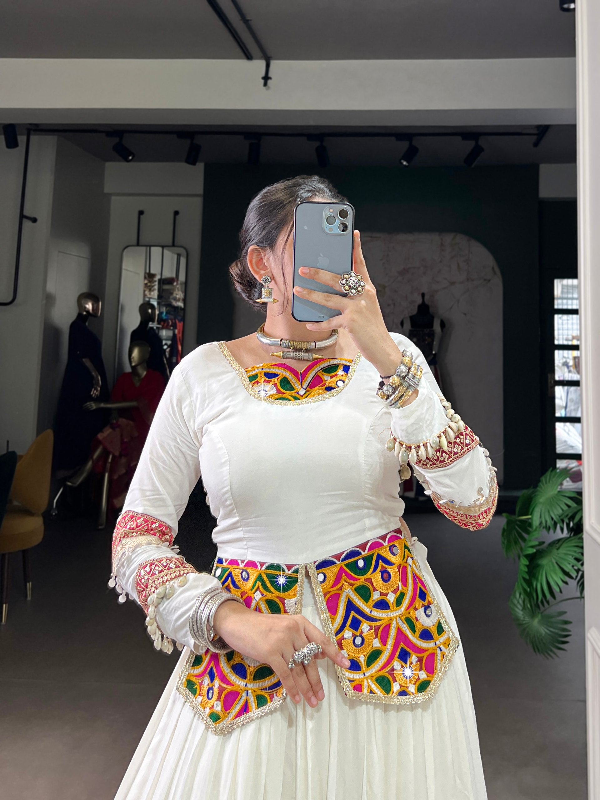 White Multicolor Pure Rayon Mirror Gamthi Work Patch Design Lehenga Choli