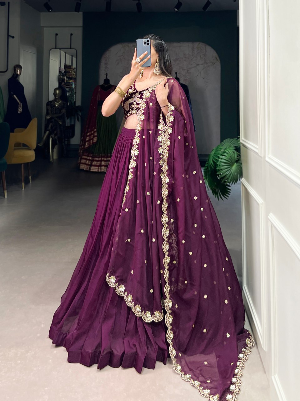 Purple organza silk lehenga with velvet embroidered blouse and dupatta