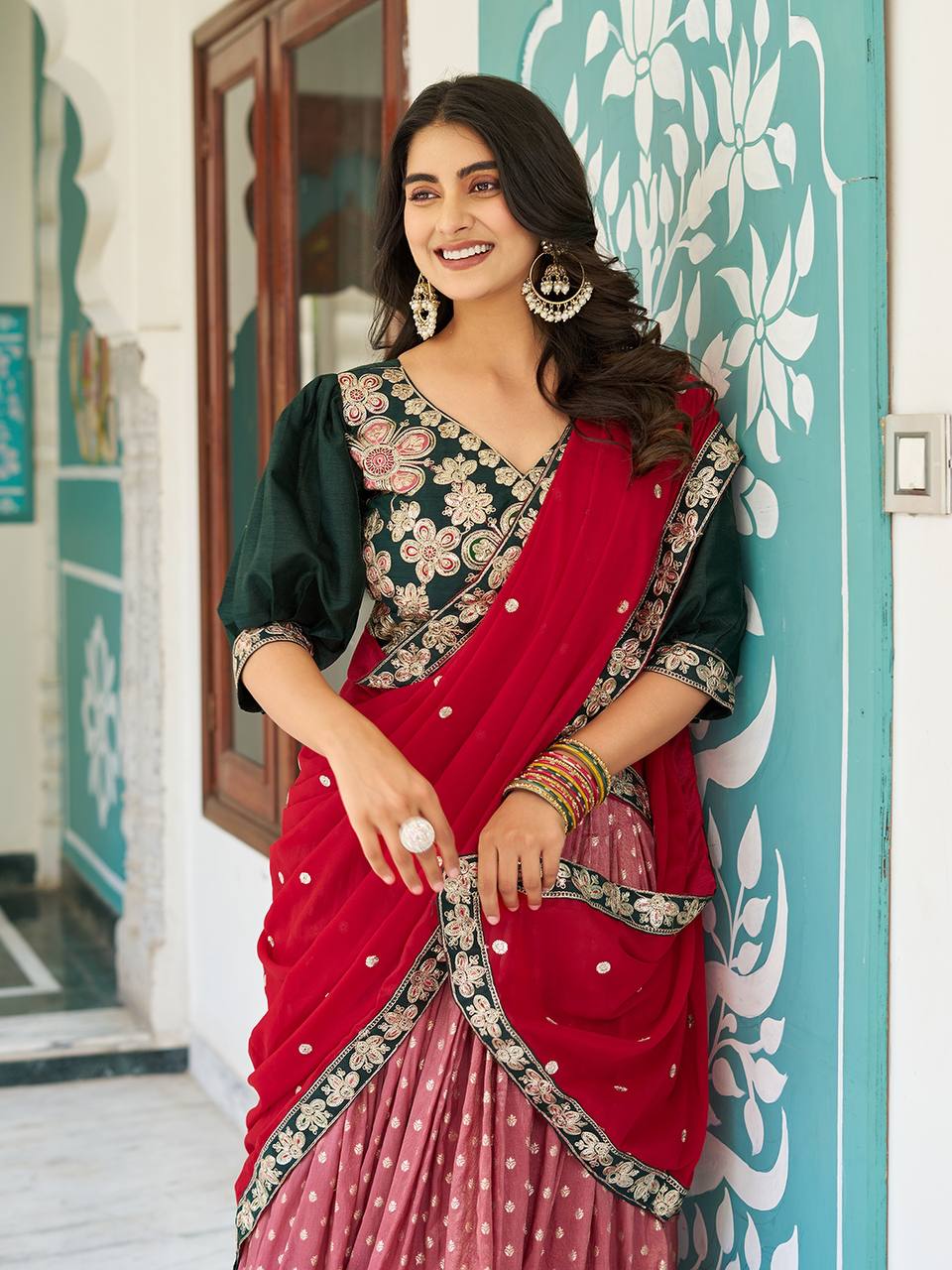 Multicolour silk lehenga choli set with heavy embroidery, sequin, and cording work; includes stitched shimmer lehenga, fully stitched mono silk choli, and embroidered georgette dupatta – perfect for weddings and festive occasions