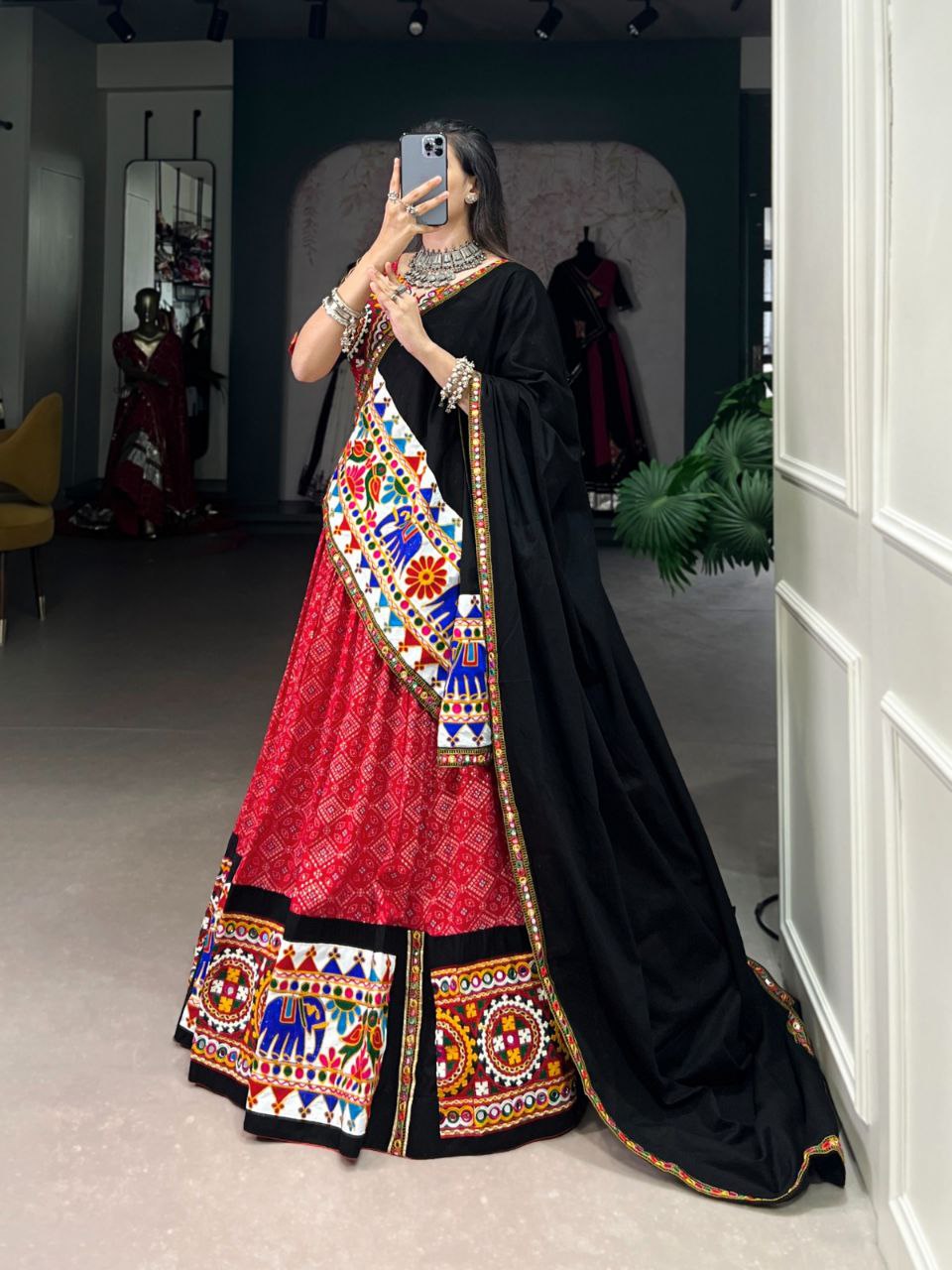 Black Pure Rayon Gamthi Mirror Work Navratri Lehenga Choli