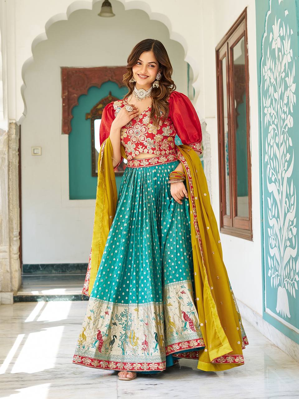Multicolour silk lehenga choli set with heavy embroidery, sequin, and cording work; includes stitched shimmer lehenga, fully stitched mono silk choli, and embroidered georgette dupatta – perfect for weddings and festive occasions
