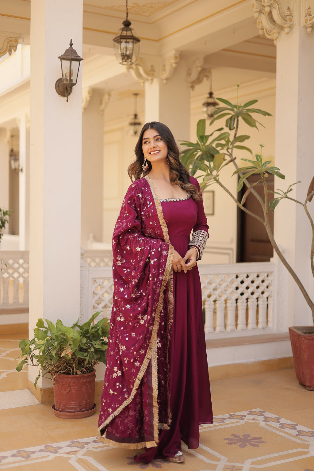 Aparajita Magenta Vichitra Silk Anarkali Gown Set