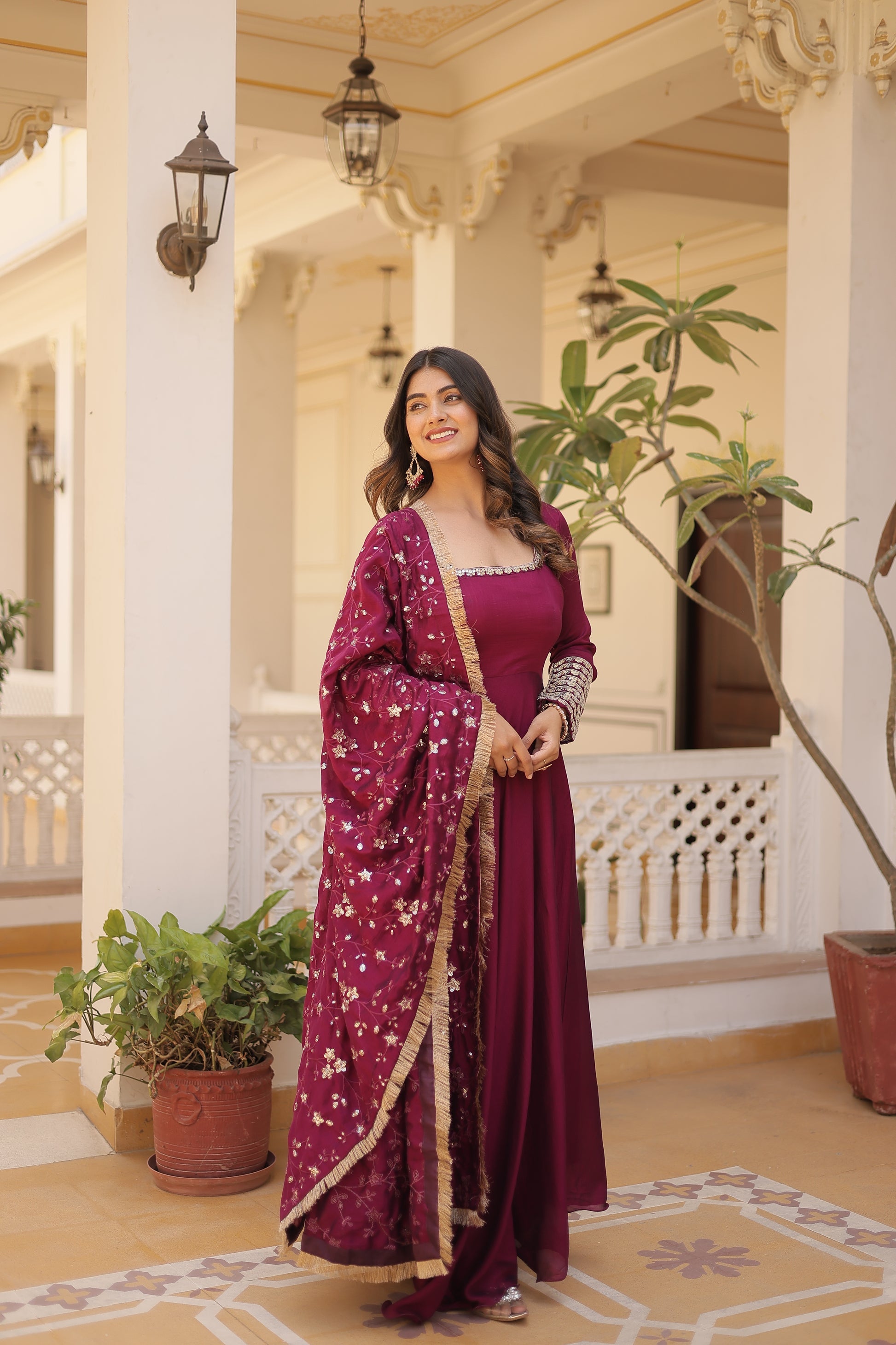Aparajita Magenta Vichitra Silk Anarkali Gown Set