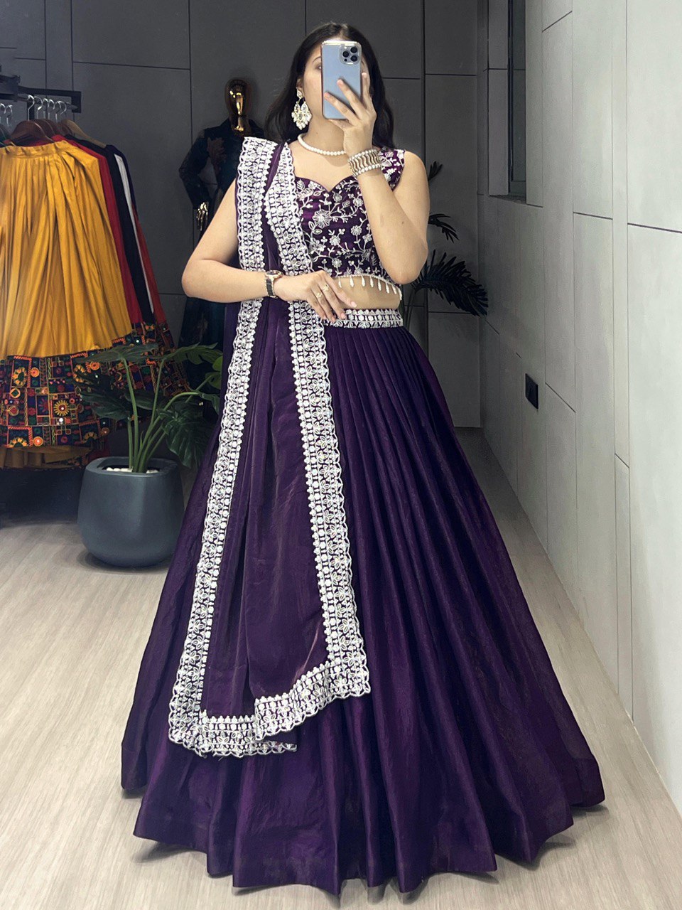 Tara Deep Purple Fendy Satin Silk Embroidered Lehenga Choli