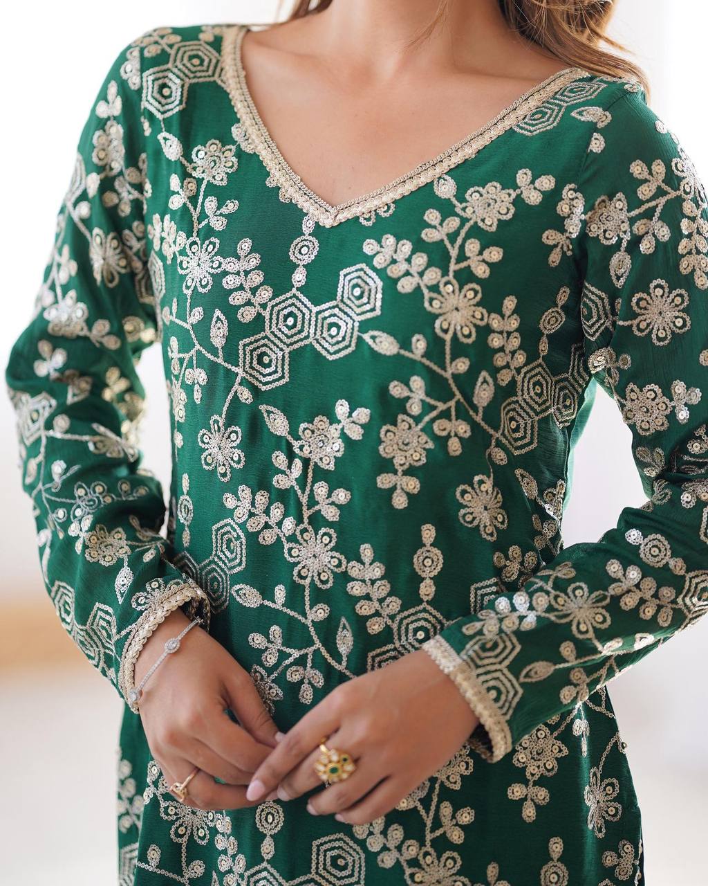  Agnija green Chinon silk sharara suit set for women, featuring thread and sequin embroidery on kurti and dupatta, stitched sharara pants with soft micro lining – perfect festive and wedding ethnic outfit for 2025.