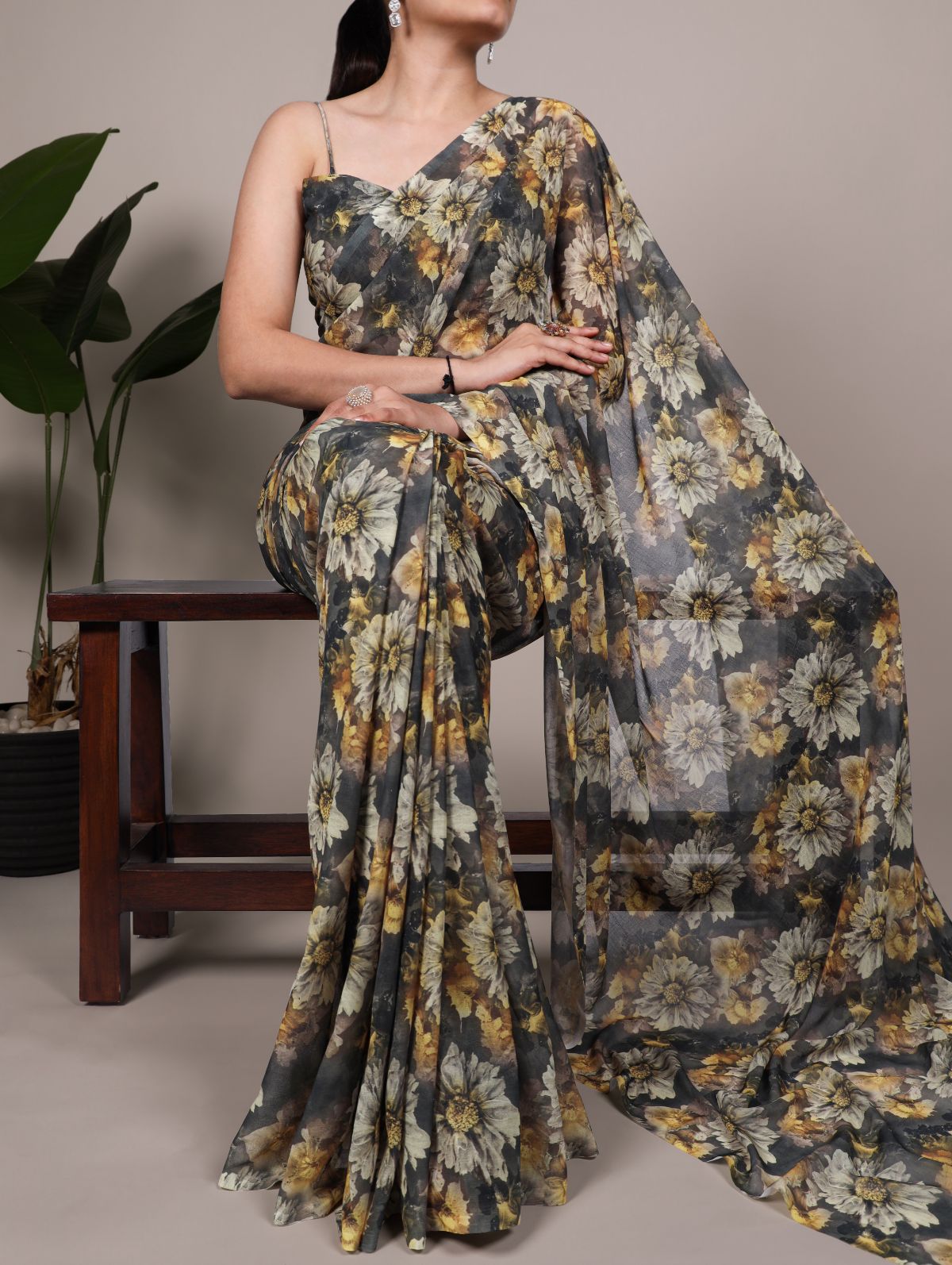 Mehendi Green Color Weightless Marble Floral Print Saree with Unstitched Blouse