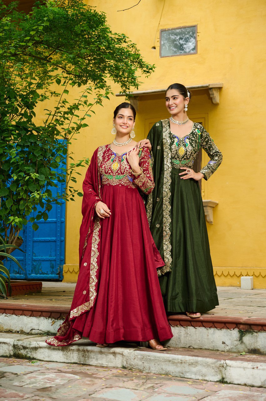 Maroon Vichitra Silk Multi Thread Zari Embroidery Gown with Dupatta