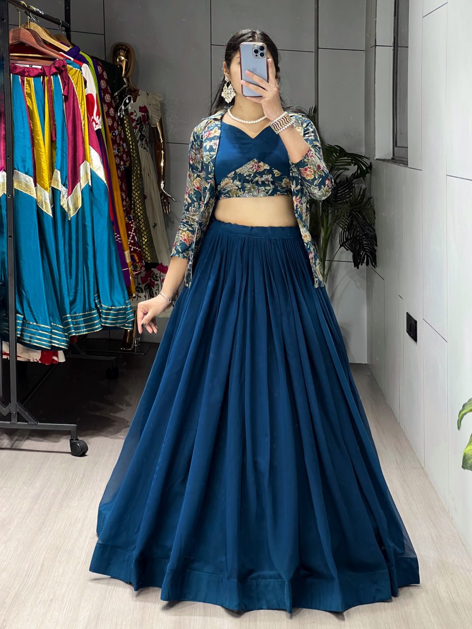 Teal blue georgette foil print lehenga choli with Chanderi koti